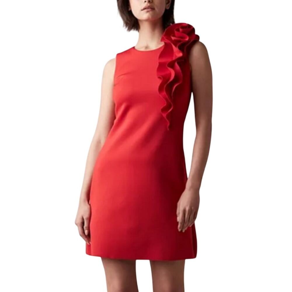 JW Jason Wu Red Rosette Ruffle Shoulder Sleeveless Cocktail Sheath Chic Dress